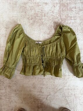Olive Green Smocked Peplum Crop Blouse with Puff Sleeves